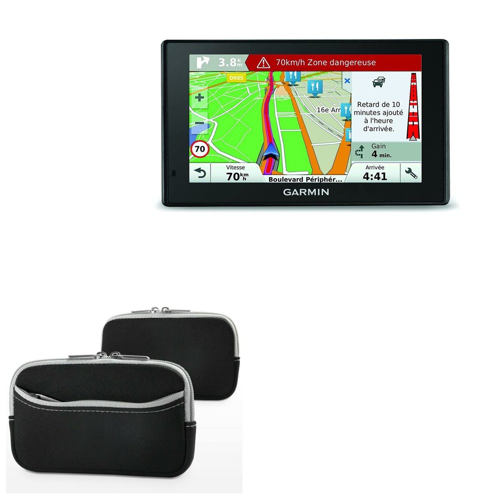 BoxWave Case Compatible with Garmin Drive 50LMT - SoftSuit with Pocket, Soft Pouch Neoprene Cover Sleeve Zipper Pocket - Jet Black with Grey Trim