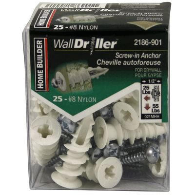 25 Pack #8L Nylon Walldriller Anchors, with Screws