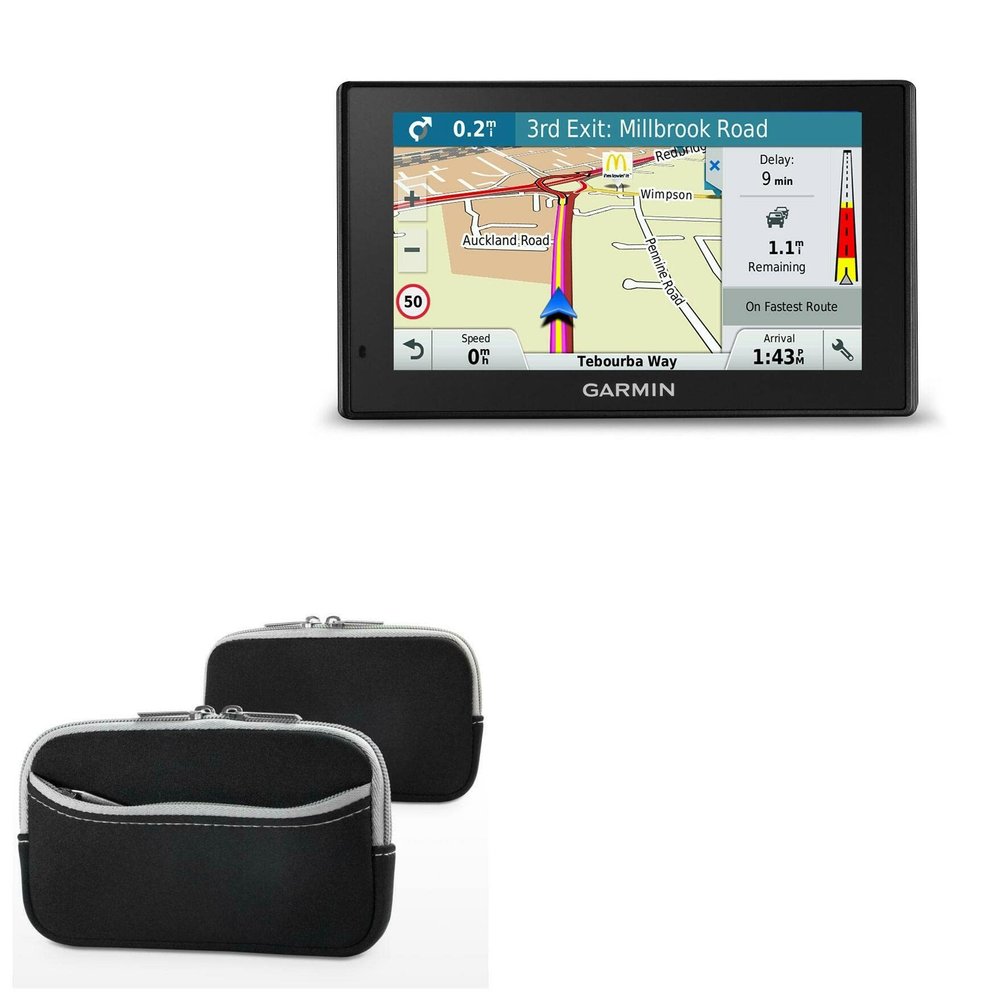 BoxWave Case Compatible with Garmin DriveAssist 50LMT - SoftSuit with Pocket, Soft Pouch Neoprene Cover Sleeve Zipper Pocket - Jet Black with Grey Trim