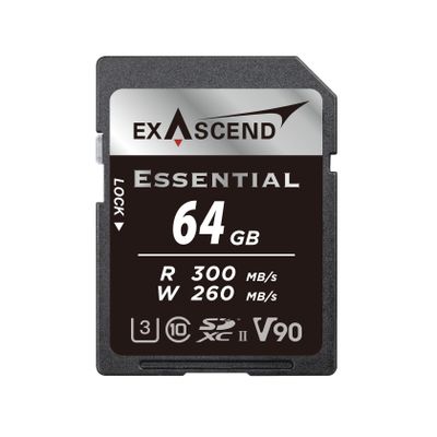 Exascend EX64GSDU2-S Essential SD Series 64 GB SDXC SD Card, Cinema-Grade, Up to 300 MB/s Maximum Read and 260 MB/s Maximum Write, UHS-II Performance, V90-rated
