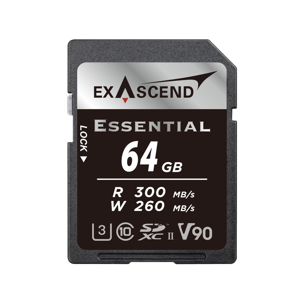 Exascend EX64GSDU2-S Essential SD Series 64 GB SDXC SD Card, Cinema-Grade, Up to 300 MB/s Maximum Read and 260 MB/s Maximum Write, UHS-II Performance, V90-rated