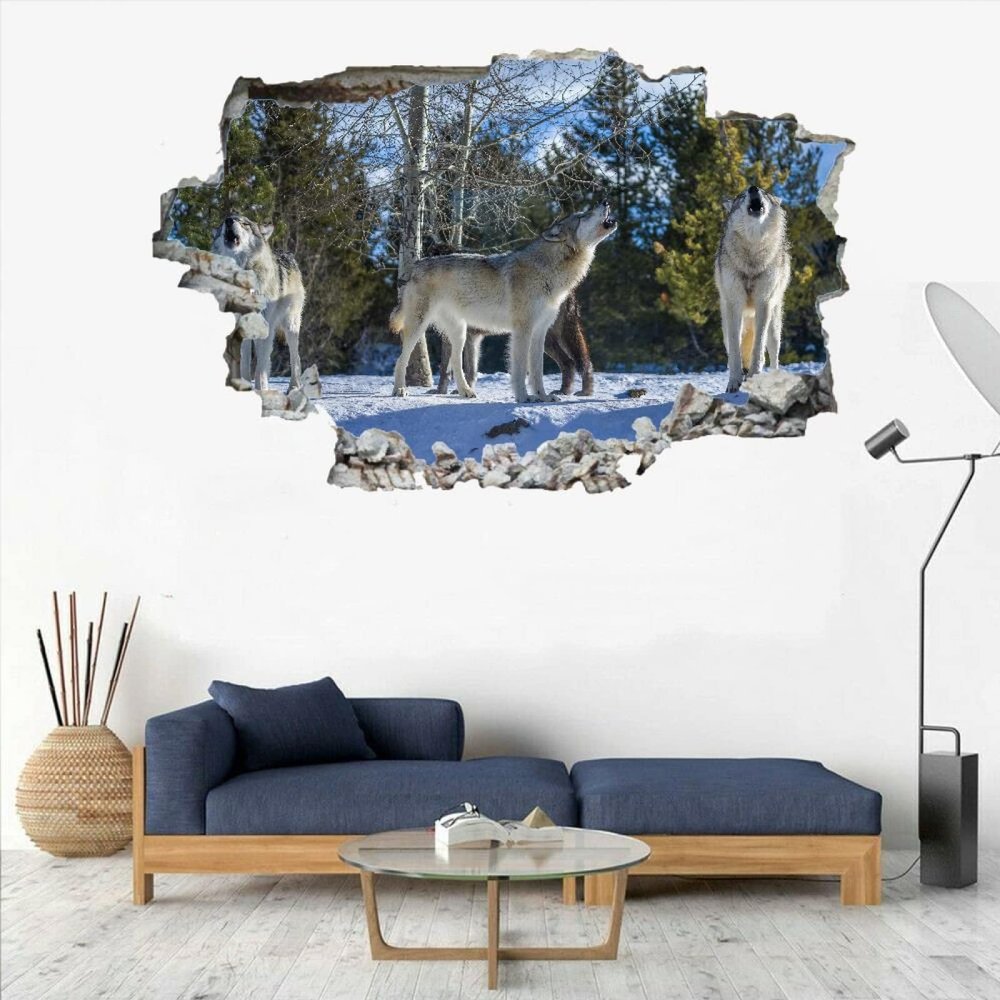 3D Wall Decor Stickers Smashed Wolves Wall Sticker Nature Animal Wall Tattoo for Nursery Wall Dcor Girls Kids Baby Bedroom Bathroom Living Room Home Decor 26"W x 18"H