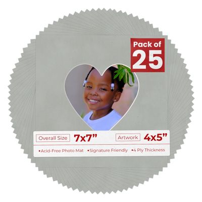 4x5 Mat for 7x7 Frame - Precut Light Grey Suede Heart Shaped Photo Mat Board Opening - Acid Free Matte Bevel Cut for Family Photos, Pack of 25 Matboards Show Kit with Acid Free Backings & Clear Bags