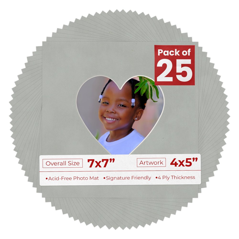 4x5 Mat for 7x7 Frame - Precut Light Grey Suede Heart Shaped Photo Mat Board Opening - Acid Free Matte Bevel Cut for Family Photos, Pack of 25 Matboards Show Kit with Acid Free Backings & Clear Bags