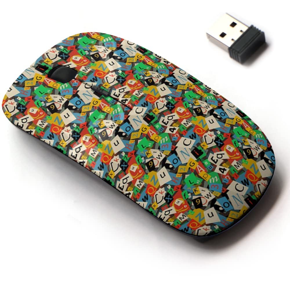 2.4G Wireless Mouse with Cute Pattern Design for All Laptops and Desktops with Nano Receiver - Colorful Newspaper Letters
