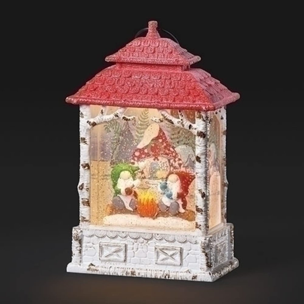Roman 13.25" Red and White Pre-Lit LED Christmas Swirl Campfire Gnomes Lamp