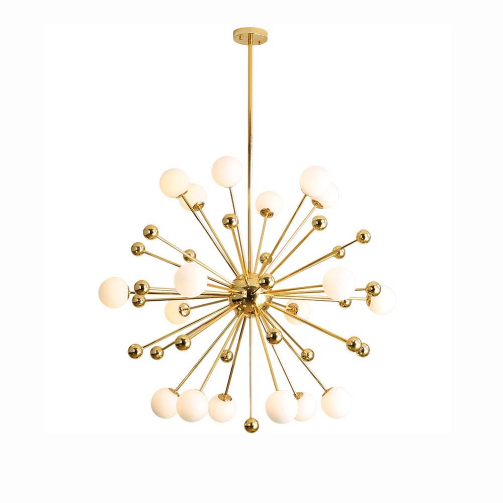 Unique Dandelion 1-Lights Sputnik Chandelier Vintage Gold Chrome Finish Metal During Light Spherical Opaline Glass Shade Hanging Light for Bedroom-Golden 18 Head