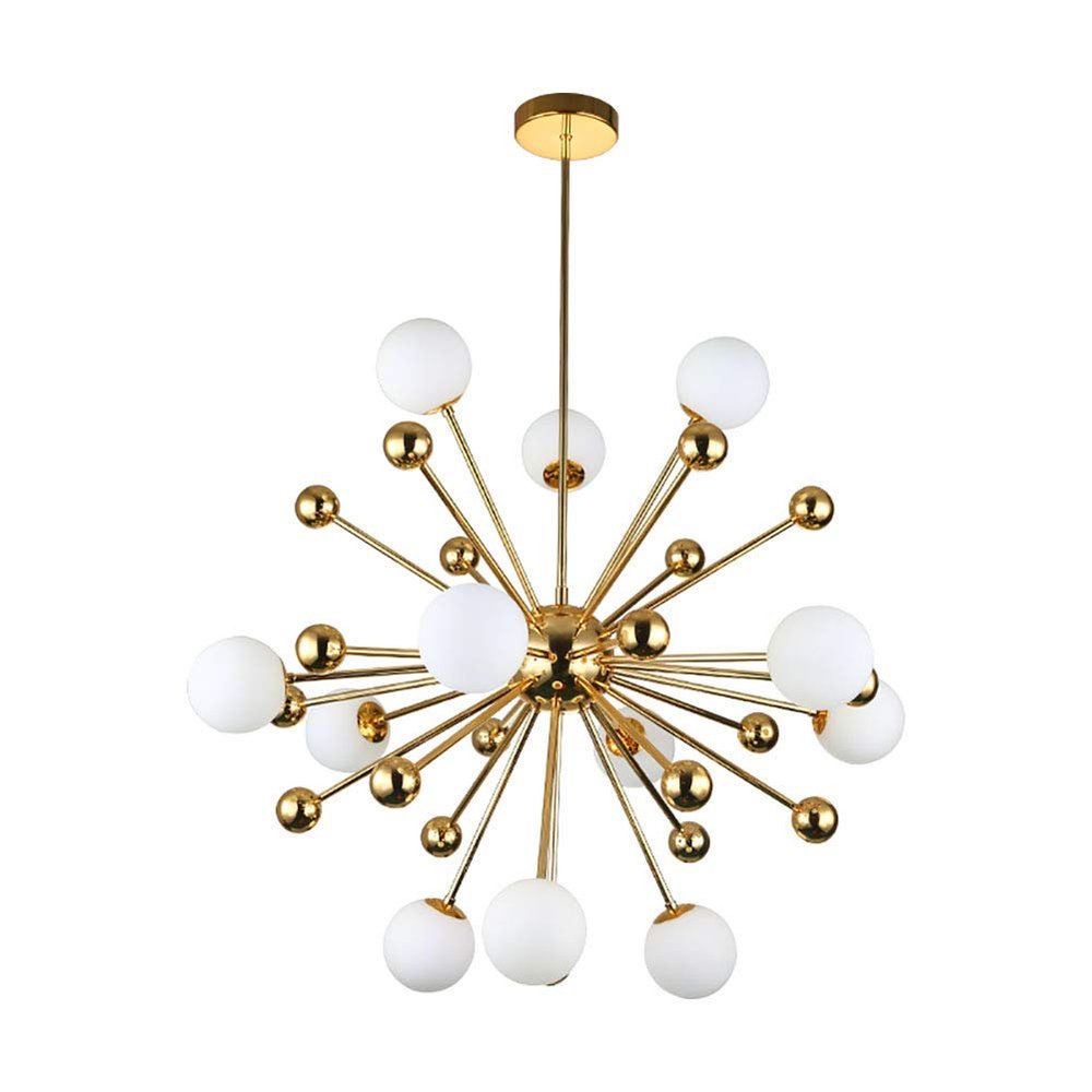 Unique Dandelion 1-Lights Sputnik Chandelier Vintage Gold Chrome Finish Metal During Light Spherical Opaline Glass Shade Hanging Light For Bedroom-Golden 12 head