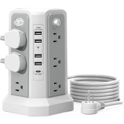 Surge Protector Power Strip Tower with PD18W USB C Port,10FT Extension Cord with 12 AC Mutiple Outlets 5 USB Charging Ports, PASSUS Power Tower Surge Protection for Home Office Dorm Room