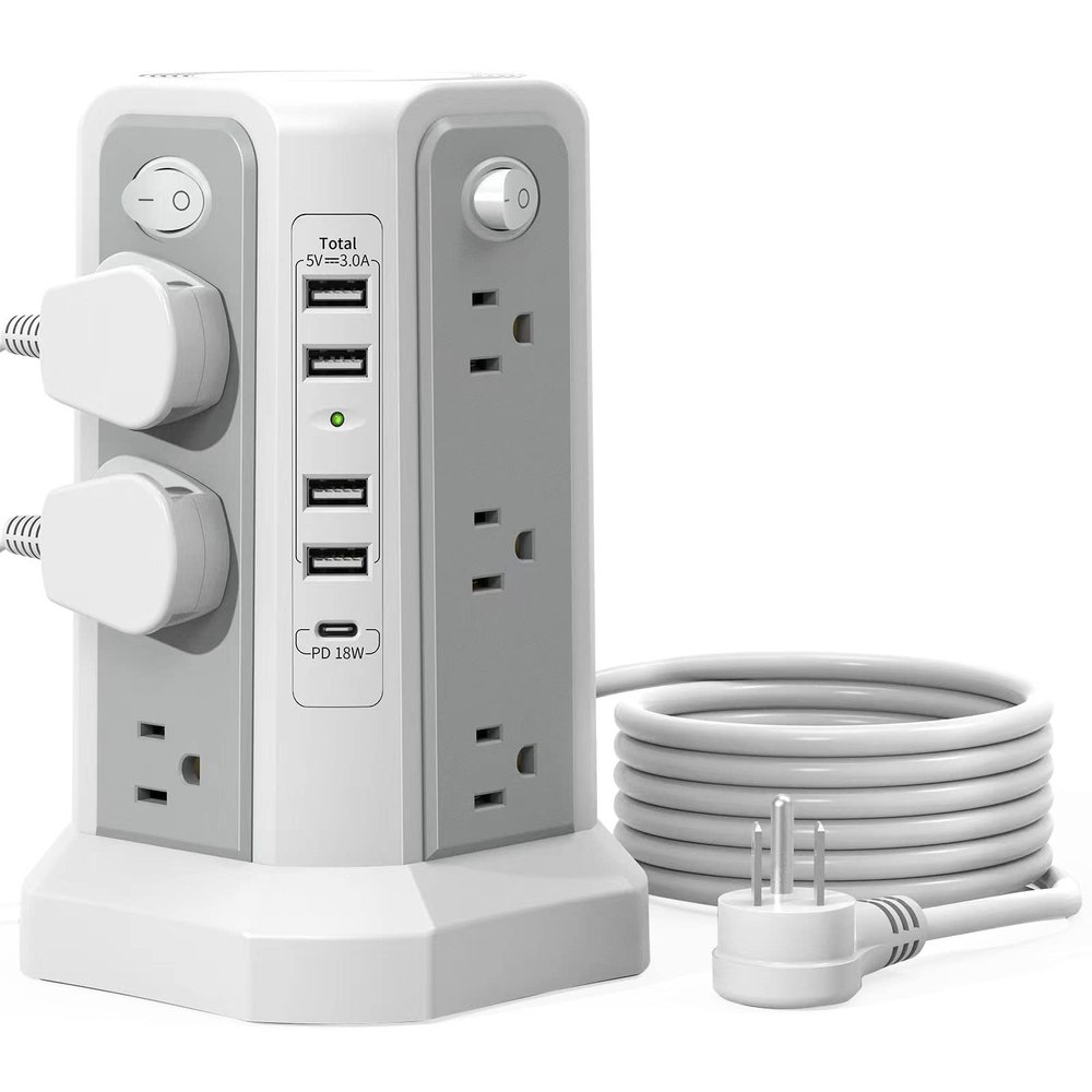Surge Protector Power Strip Tower with PD18W USB C Port,10FT Extension Cord with 12 AC Mutiple Outlets 5 USB Charging Ports, PASSUS Power Tower Surge Protection for Home Office Dorm Room