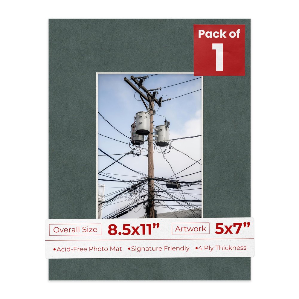 8.5x11 Mat for 5x7 Photo - Precut Dark Grey Suede Picture Matboard for Frames Measuring 8.5 x 11 Inches - Bevel Cut to Display Art 5 x 7 Inches - Acid Free ONE MAT with Backing Board & Clear Bag