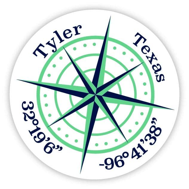 Tyler Texas 2-Inch Vinyl Decal Sticker Latitude Longitude Compass Design