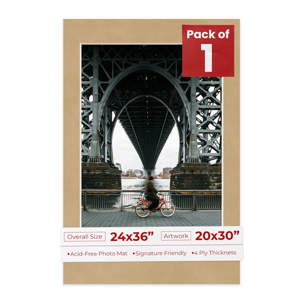 24x36 Mat for 20x30 Photo - Precut Beige Suede Picture Matboard for Frames Measuring 24 x 36 Inches - Bevel Cut Matte to Display Art 20 x 30 Inches - Acid Free ONE MAT with Backing Board & Clear Bag