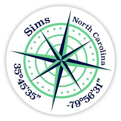 Sims North Carolina 2-Inch Vinyl Decal Sticker Latitude Longitude Compass Design