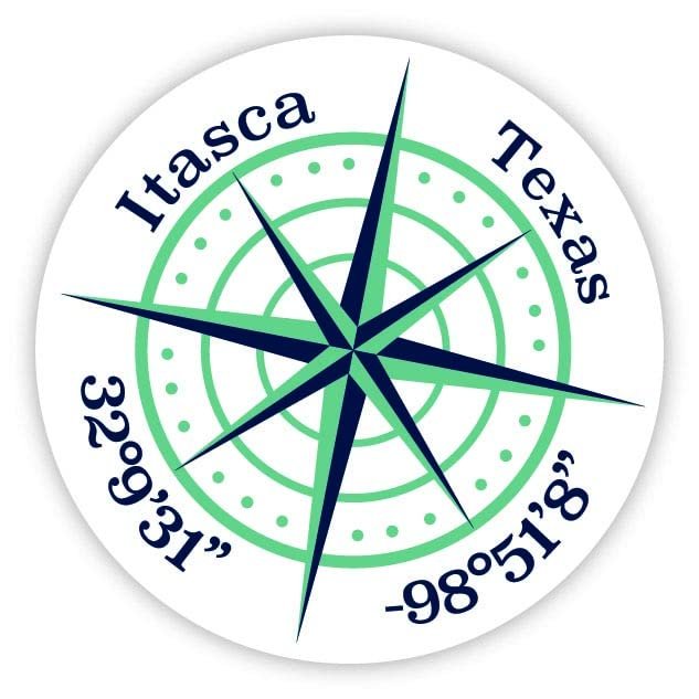 Itasca Texas 2-Inch Vinyl Decal Sticker Latitude Longitude Compass Design