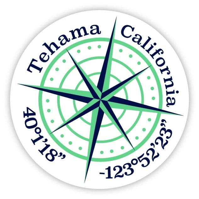 Tehama California 2-Inch Vinyl Decal Sticker Latitude Longitude Compass Design