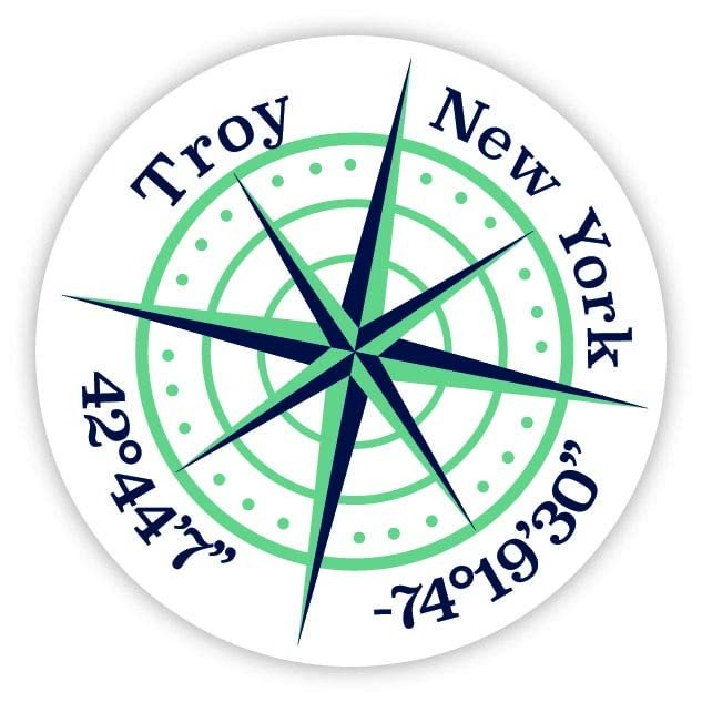 Troy New York 2-Inch Vinyl Decal Sticker Latitude Longitude Compass Design