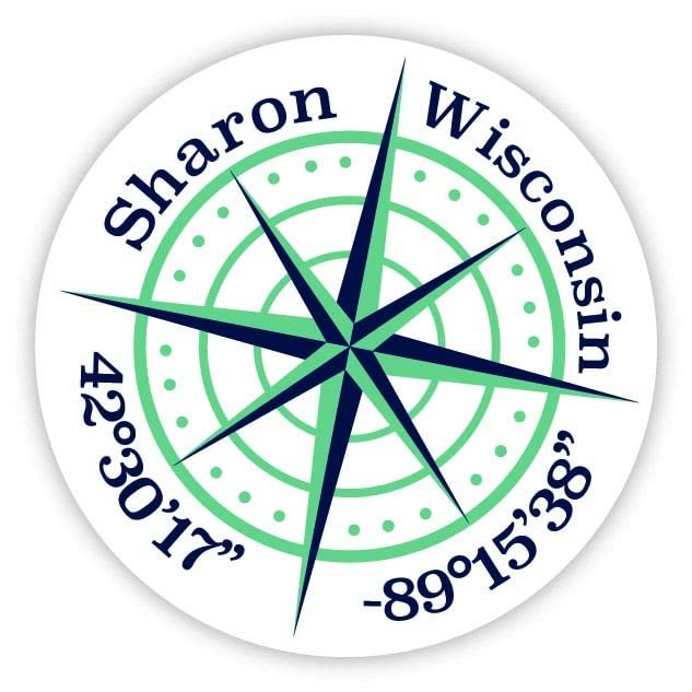 Sharon Wisconsin 2-Inch Vinyl Decal Sticker Latitude Longitude Compass Design