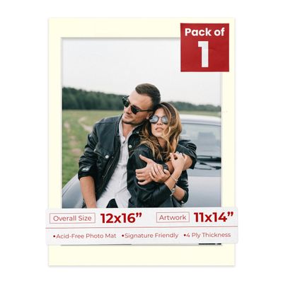 12x16 Mat for 11x14 Photo - Precut Textured Cream Picture Matboard for Frames Measuring 12 x 16 Inches - Bevel Cut to Display Art 11 x 14 Inches - Acid Free ONE MAT with Backing Board & Clear Bag