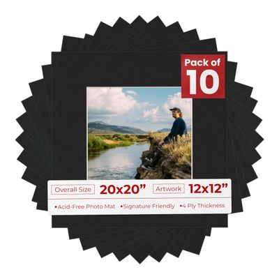 20x20 Mat for 12x12 Photo - Precut Black Suede Picture Matboard for Frames 20 x 20 Inches - Bevel Cut Matte to Display Art 12 x 12 Inches - Acid Free Pack of 10 MATS with Backing Boards & Clear Bags