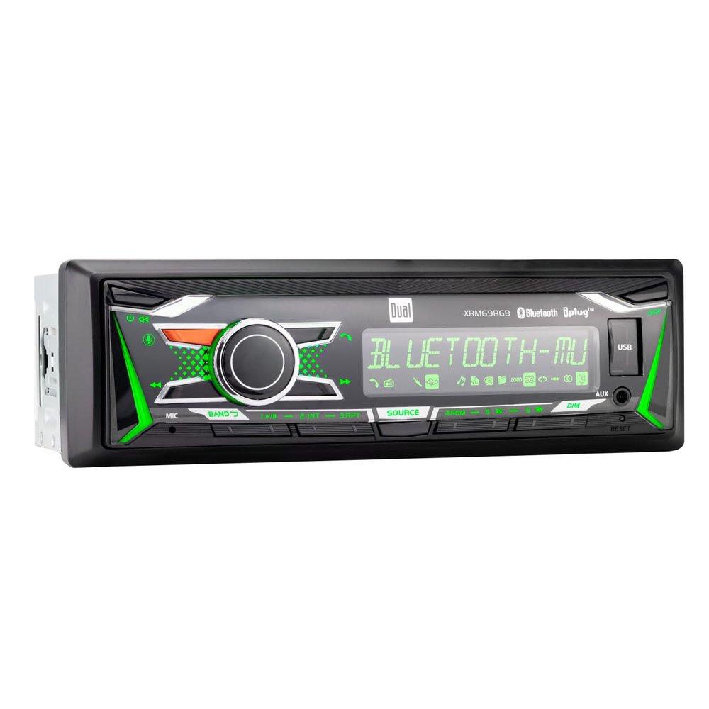 Dual Electronics XRM69RGB | 12 Character LCD Single DIN Car Stereo | RGB Custom Colors | Push to Talk Assistant | Bluetooth Hands Free Calling Music Streaming | AM/FM | USB Playback & Charging