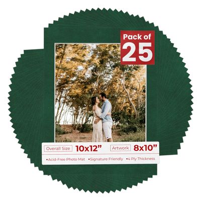 10x12 Mat for 8x10 Photo - Precut Green Suede Picture Matboard for Frames 10 x 12 Inches - Bevel Cut Matte to Display Art 8 x 10 Inches - Acid Free Pack of 25 MATS with Backing Boards & Clear Bags