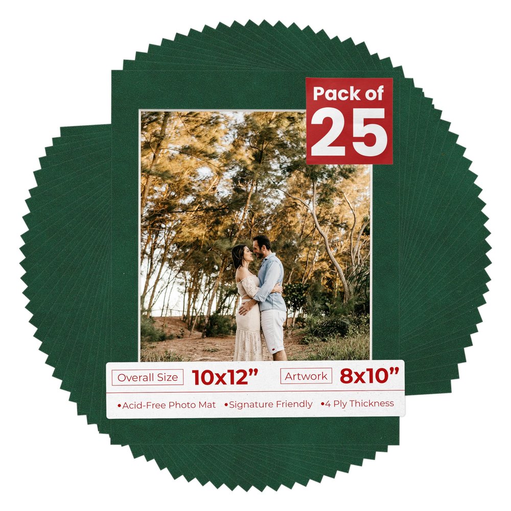 10x12 Mat for 8x10 Photo - Precut Green Suede Picture Matboard for Frames 10 x 12 Inches - Bevel Cut Matte to Display Art 8 x 10 Inches - Acid Free Pack of 25 MATS with Backing Boards & Clear Bags