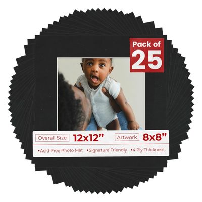 12x12 Mat for 8x8 Photo - Precut Black Suede Picture Matboard for Frames 12 x 12 Inches - Bevel Cut Matte to Display Art 8 x 8 Inches - Acid Free Pack of 25 MATS with Backing Boards & Clear Bags