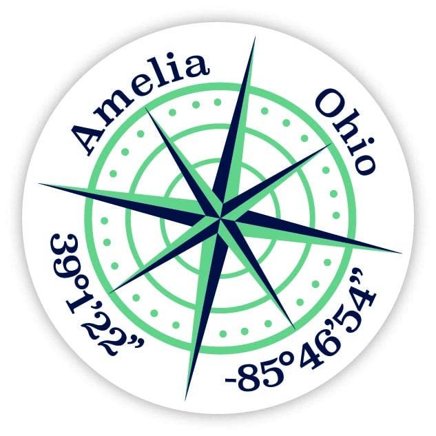 Amelia Ohio 2-Inch Vinyl Decal Sticker Latitude Longitude Compass Design