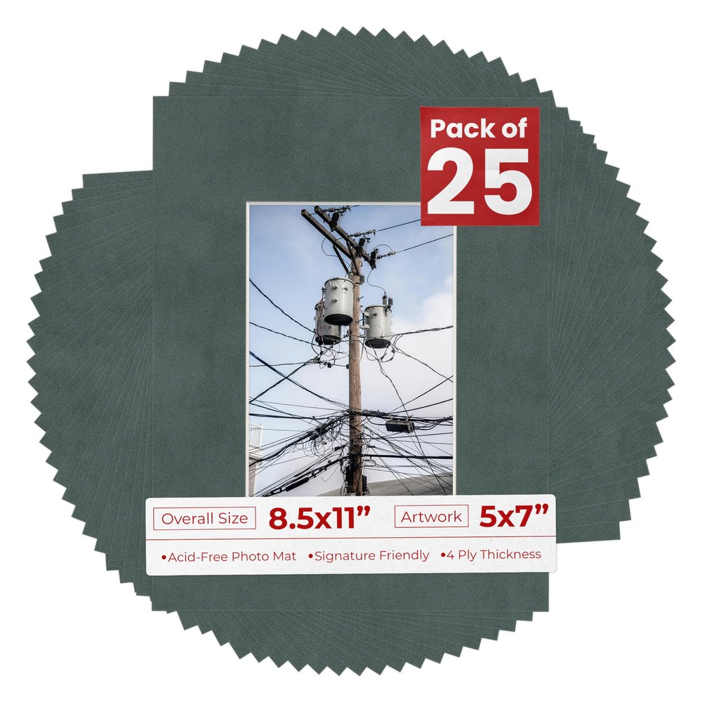 8.5x11 Mat for 5x7 Photo - Precut Dark Grey Suede Picture Matboard for Frames 8.5 x 11 Inches - Bevel Cut to Display Art 5 x 7 Inches - Acid Free Pack of 25 MATS with Backing Boards & Clear Bags
