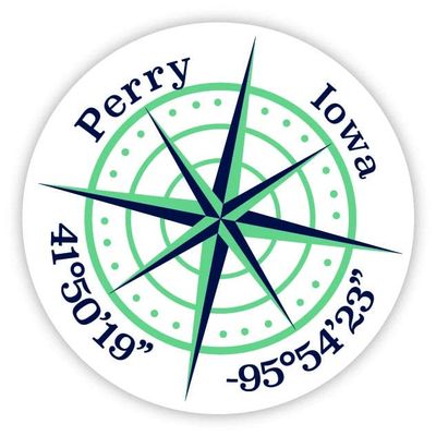 Perry Iowa 2-Inch Vinyl Decal Sticker Latitude Longitude Compass Design