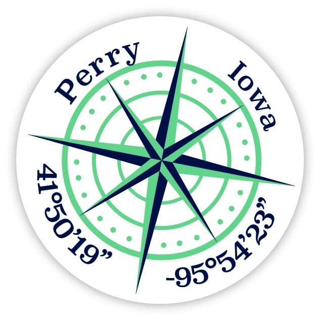 Perry Iowa 2-Inch Vinyl Decal Sticker Latitude Longitude Compass Design