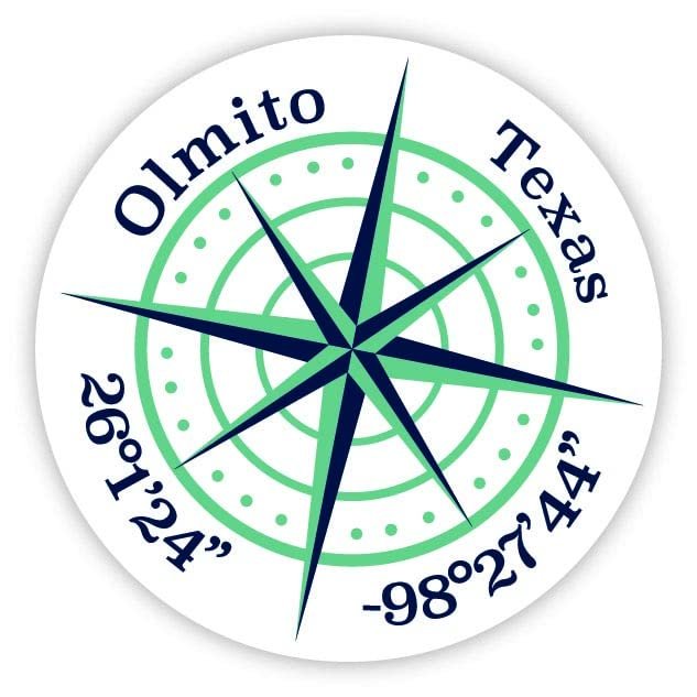 Olmito Texas 2-Inch Vinyl Decal Sticker Latitude Longitude Compass Design