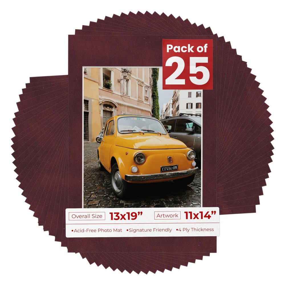 13x19 Mat for 11x14 Photo - Precut Dark Red Suede Picture Matboard for Frames Measuring 13 x 19 Inches - Bevel Cut Matte to Display Art Measuring 11 x 14 Inches - Acid Free Pack of 25 MATS