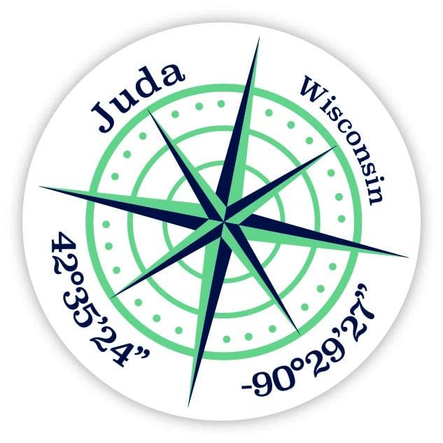 Juda Wisconsin 2-Inch Vinyl Decal Sticker Latitude Longitude Compass Design