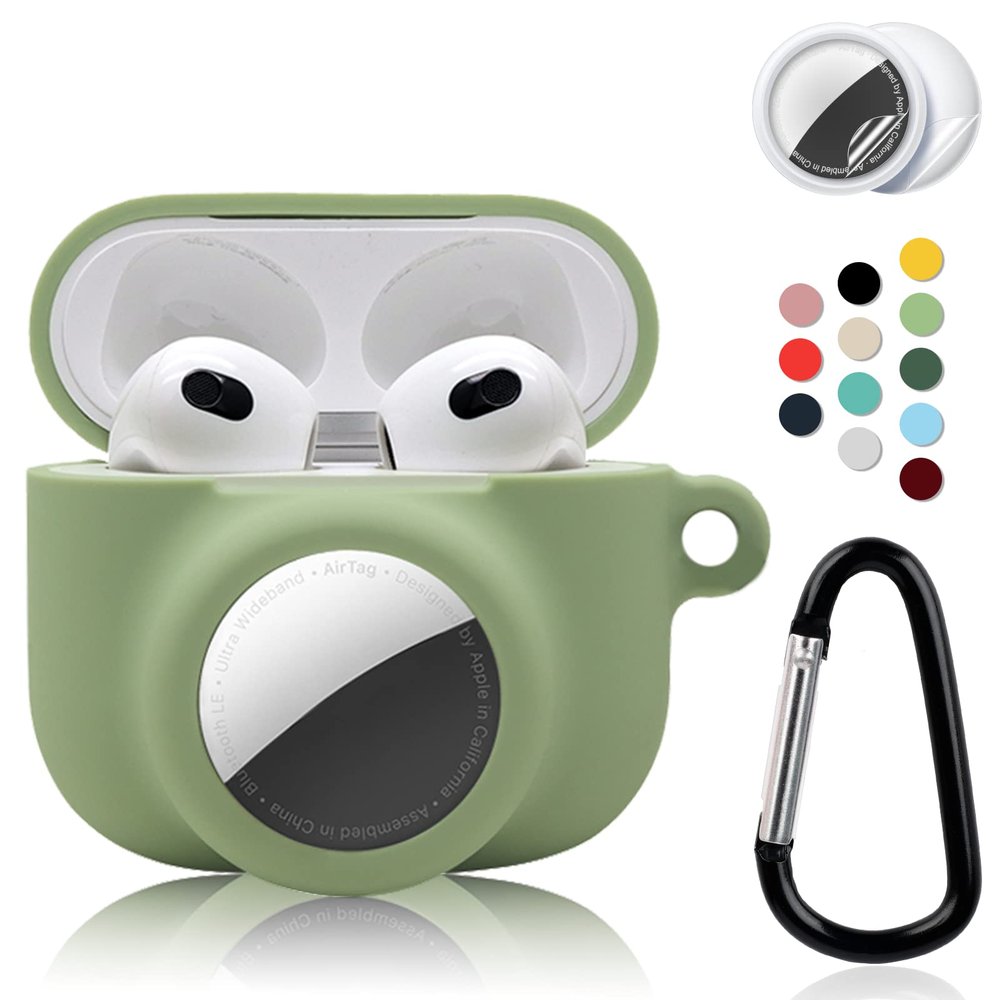 2 in 1 Protective Case Combo Set Compatible for Apple AirPods 3(2021) AirTag, GPS Tracker Holder with 2 PCS TPU Screen Protector&Keychain, Soft Silicone Anti-Lost Anti-Scratch Skin Cover(EmeraldGreen)