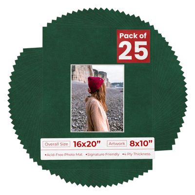 Poster Palooza 16x20 Mat for 8x10 Photo - Precut Green Suede Picture Matboard for Frames Measuring 16 x 20 Inches - Bevel Cut Matte to Display Art Measuring 8 x 10 Inches - Acid Free Pack of 25 MATS