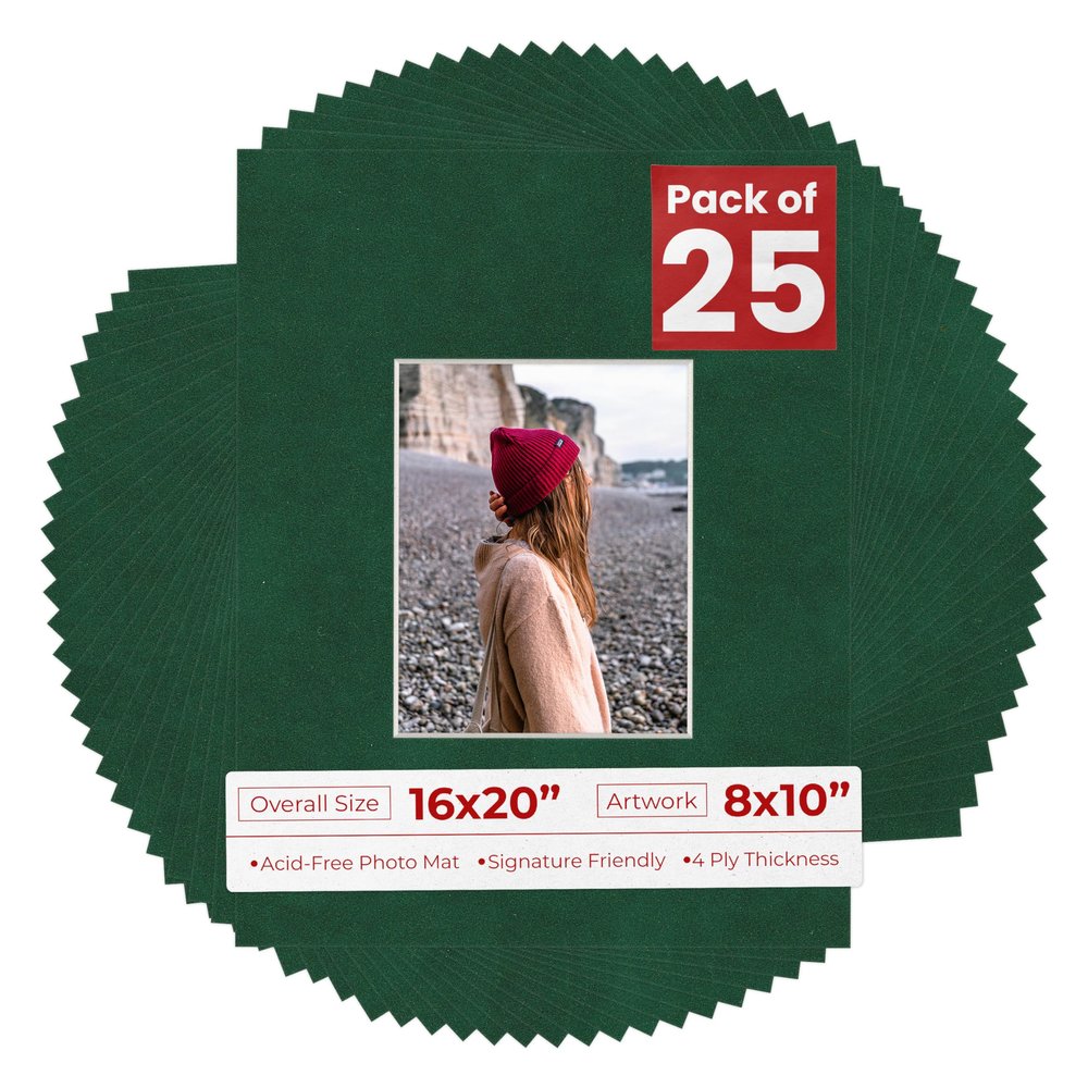 Poster Palooza 16x20 Mat for 8x10 Photo - Precut Green Suede Picture Matboard for Frames Measuring 16 x 20 Inches - Bevel Cut Matte to Display Art Measuring 8 x 10 Inches - Acid Free Pack of 25 MATS