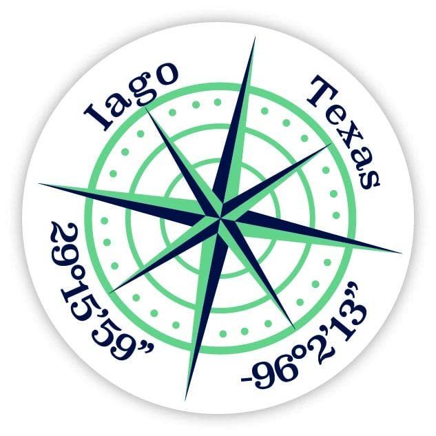 Iago Texas 2-Inch Vinyl Decal Sticker Latitude Longitude Compass Design