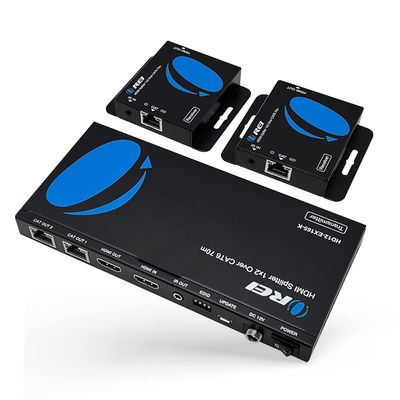 OREI 4K 1x2 HDMI Over ethernet Extender Splitter Over CAT6/7 ethernet Cable 4K@30Hz up to 165 ft - 1 in 2 Out, 1080P@60Hz Upto 230 ft, PoC, IR Control, EDID, HDMI Loop Out (HD12-EX165-K)