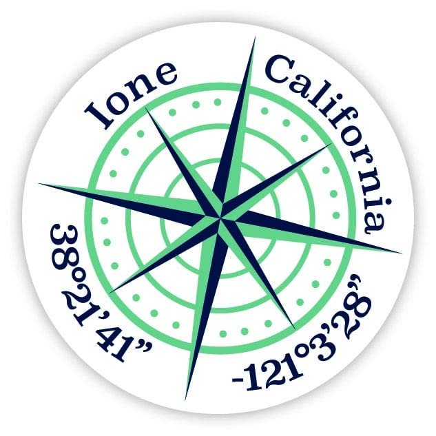 Ione California 2-Inch Vinyl Decal Sticker Latitude Longitude Compass Design
