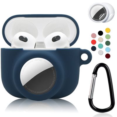 2 in 1 Protective Case Combo Set Compatible for Apple AirPods 3(2021) AirTag, GPS Tracker Holder with 2 PCS TPU Screen Protector&Keychain, Soft Silicone Anti-Lost Anti-Scratch Skin Cover(NavyBlue)