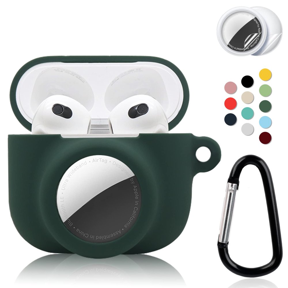 2 in 1 Protective Case Combo Set Compatible for Apple AirPods 3(2021) AirTag, GPS Tracker Holder with 2 PCS TPU Screen Protector&Keychain, Soft Silicone Anti-Lost Anti-Scratch Skin Cover(DarkGreen)