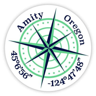 Amity Oregon 2-Inch Vinyl Decal Sticker Latitude Longitude Compass Design
