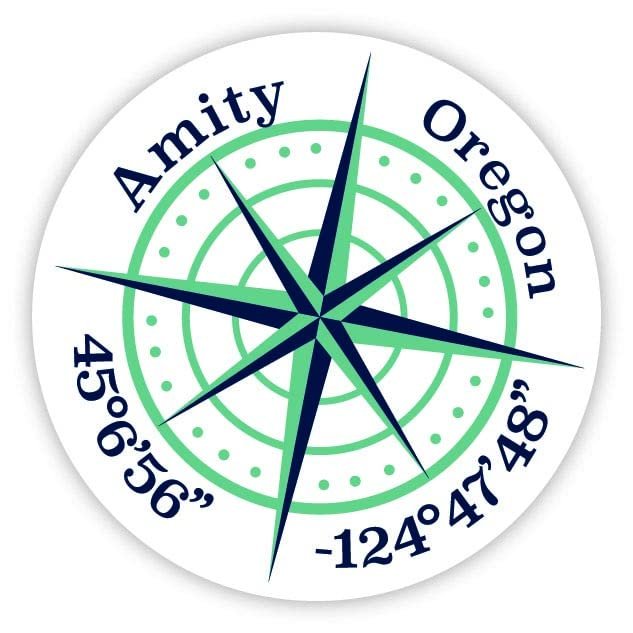 Amity Oregon 2-Inch Vinyl Decal Sticker Latitude Longitude Compass Design