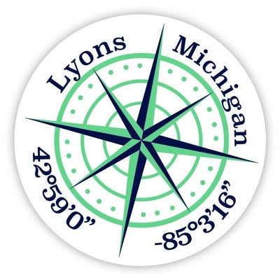 Lyons Michigan 2-Inch Vinyl Decal Sticker Latitude Longitude Compass Design