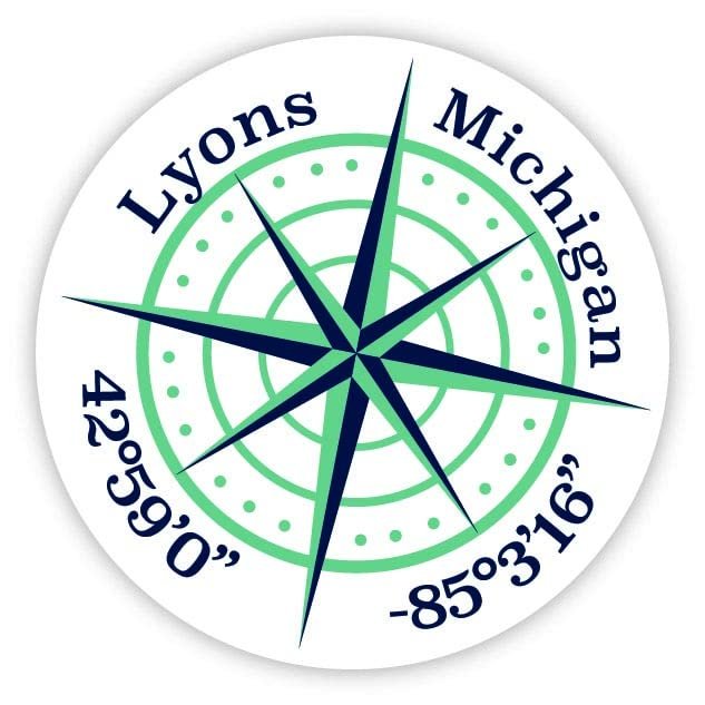 Lyons Michigan 2-Inch Vinyl Decal Sticker Latitude Longitude Compass Design
