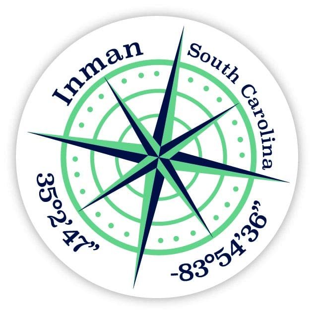 Inman South Carolina 2-Inch Vinyl Decal Sticker Latitude Longitude Compass Design