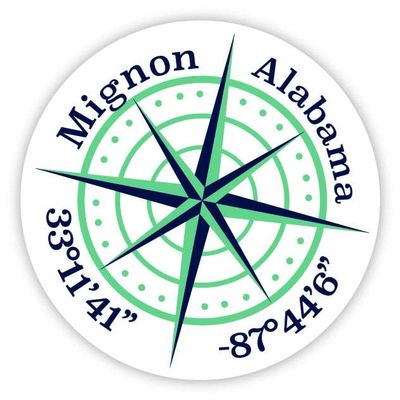 Mignon Alabama 2-Inch Vinyl Decal Sticker Latitude Longitude Compass Design