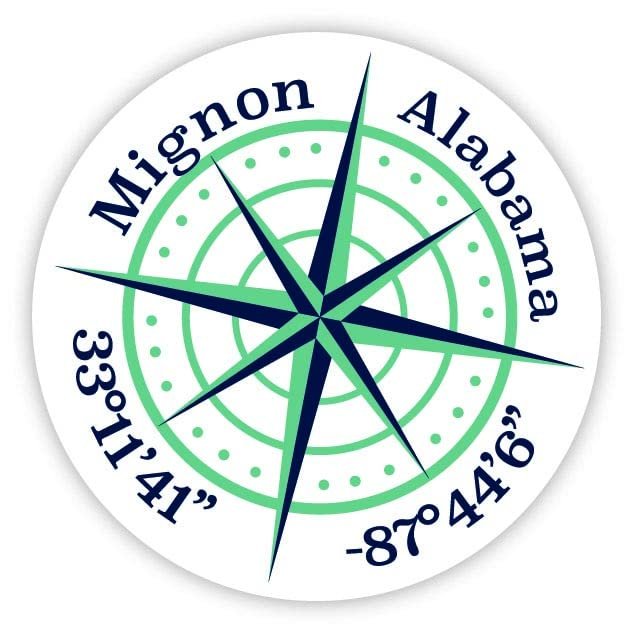 Mignon Alabama 2-Inch Vinyl Decal Sticker Latitude Longitude Compass Design